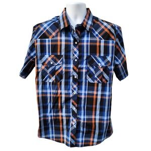 Coevals Club Mens Large Plaid Pearl Snap Western Shirt Blue Orange Short Sleeve